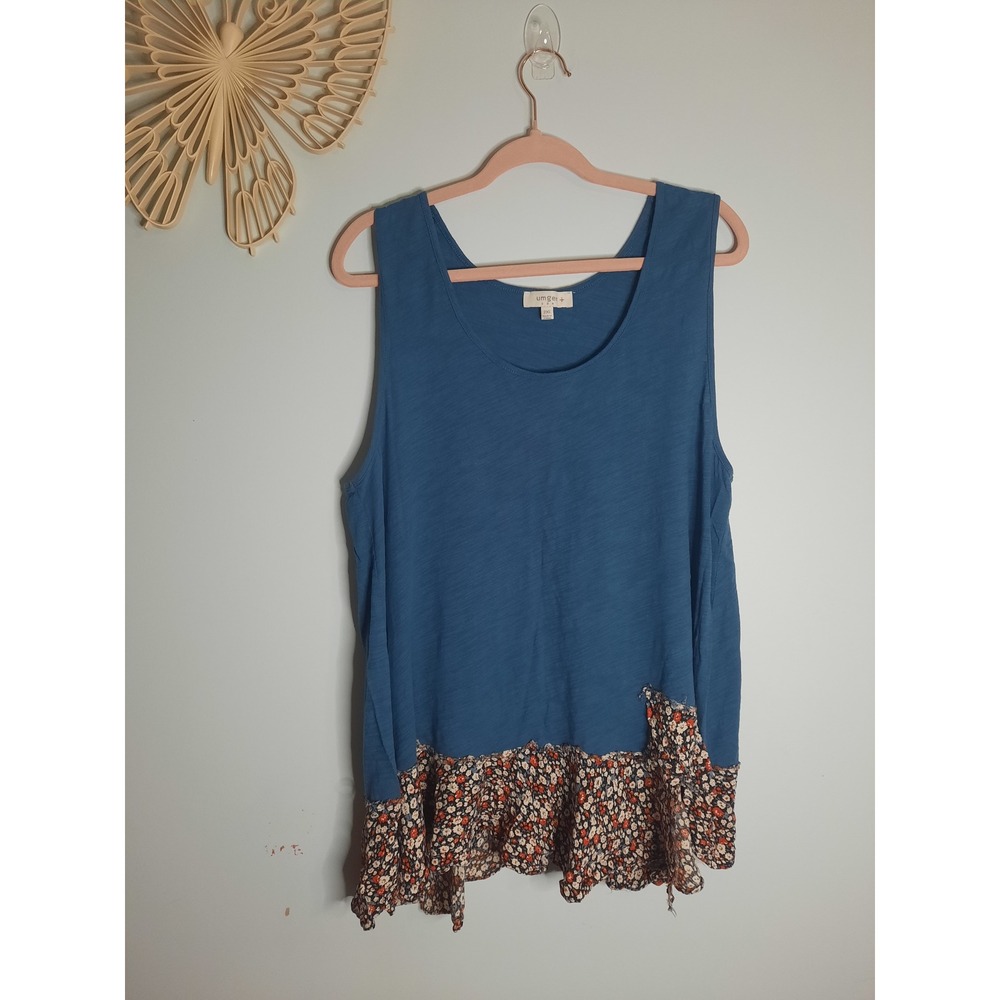 Umgee Plus Womens Blue Sleeveless Tank Top Floral Ruffle Hem Boho Scoop Neck 2XL - Picture 2 of 3